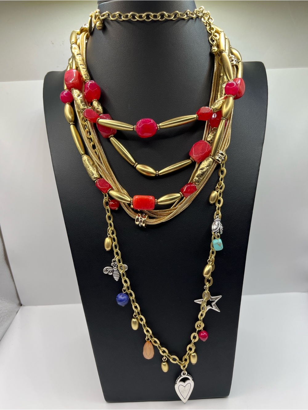 Gold-Tone Multi-Strand Necklace with Red Beads  3 Necklaces Chicos Necklace